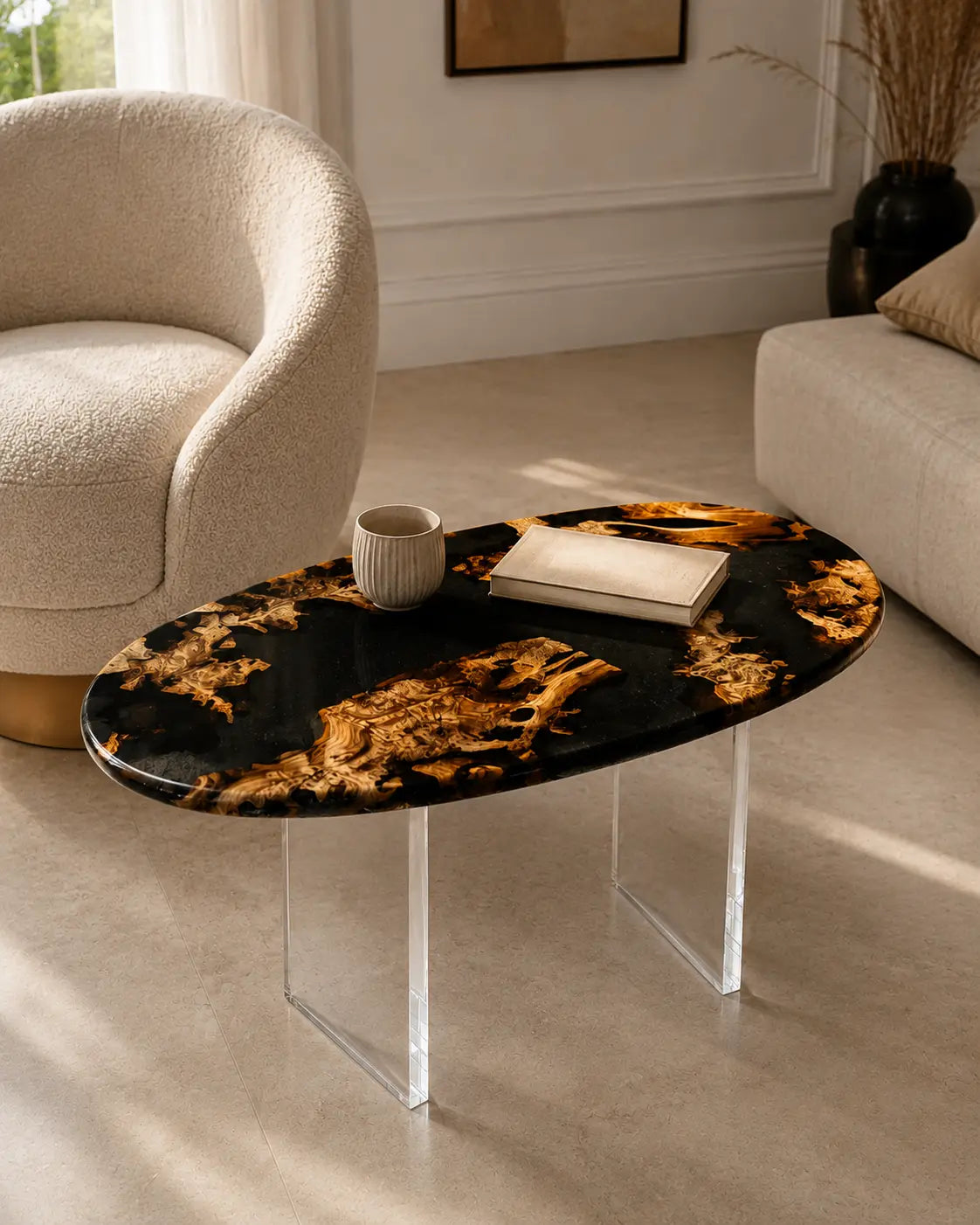 Cedar Eclipse Pure Black Epoxy Cedar Burl Side & End Table SET49
