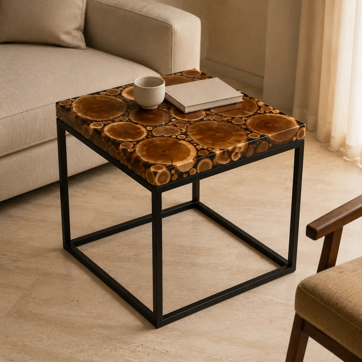 Forest Rings Smoky Black Transparent Epoxy Cedar Burl Side & End Table SET50