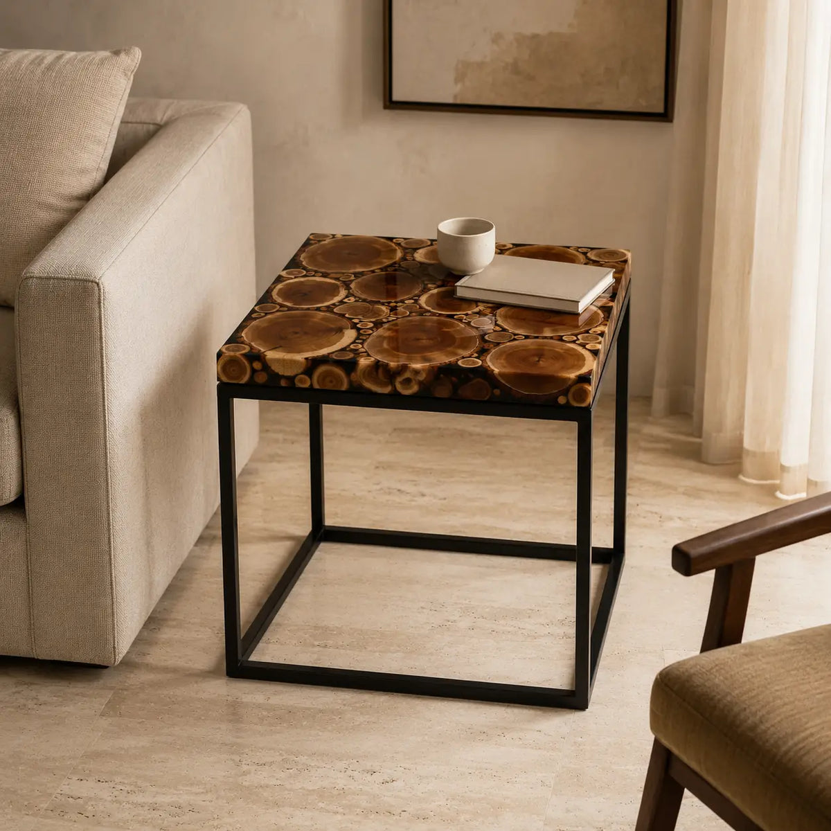 Forest Rings Smoky Black Transparent Epoxy Cedar Burl Side & End Table SET50