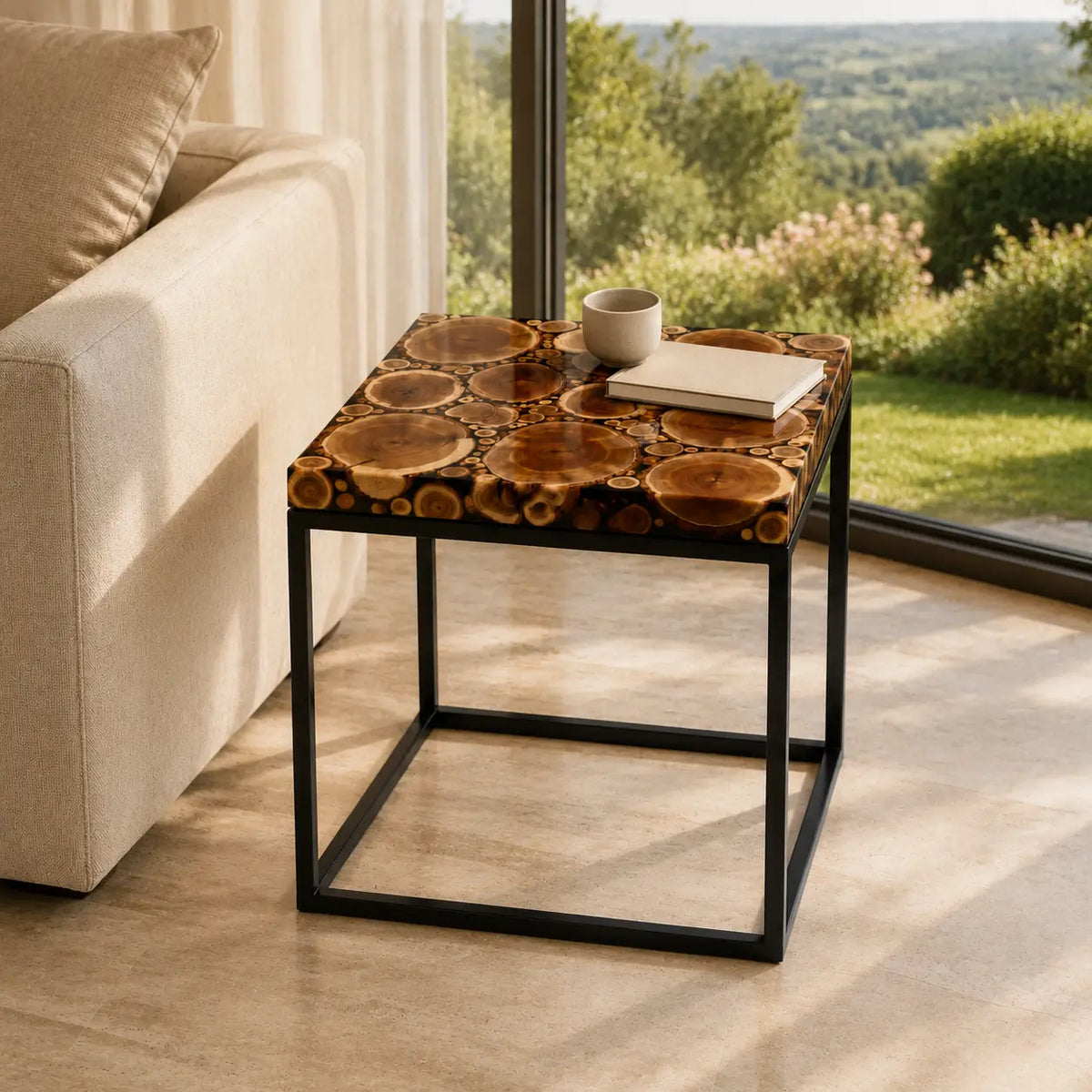 Forest Rings Smoky Black Transparent Epoxy Cedar Burl Side & End Table SET50